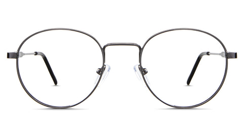 Axel Eyeglasses in the Gun variant - it's a round-oval-shaped frame in color gunmetal front